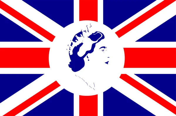 Queen Elizabeth Gezicht Portret Blauw Met Brits Verenigd Koninkrijk Vlag — Stockvector