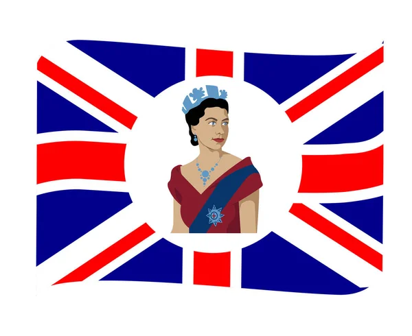 Queen Elizabeth Young Retrato Con Bandera Británica Del Reino Unido — Vector de stock