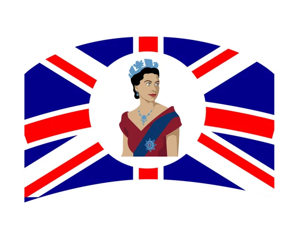Queen Elizabeth Young Retrato Con Bandera Británica Del Reino Unido — Vector de stock