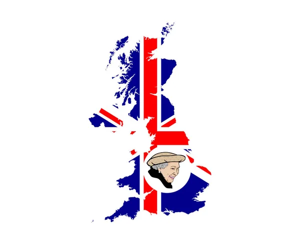 Queen Elizabeth Face Portret Brytyjską Flagą Mapa Kraju Europa Godło — Wektor stockowy