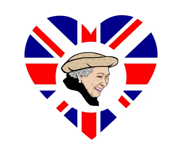 Queen Elizabeth Gesicht Portrait Mit Britisch Vereinigtes Königreich Flagge Herz — Stockvektor