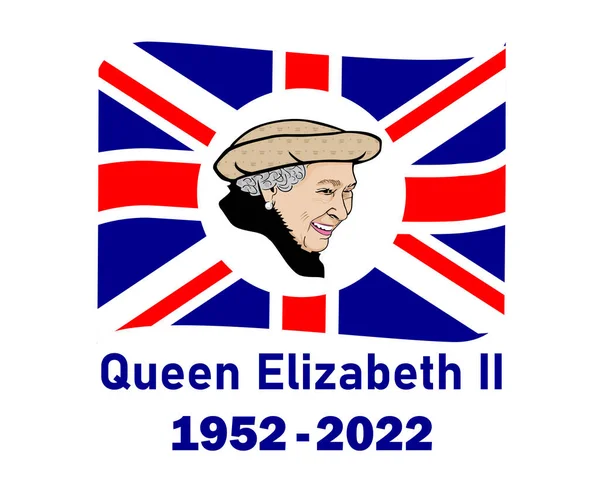 Queen Elizabeth Gesicht Portrait 1952 2022 Blau Mit Britischem Flaggenband — Stockvektor