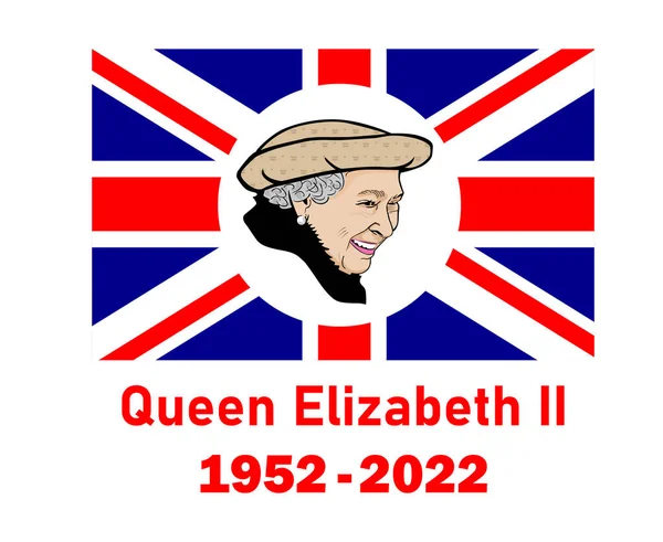 Queen Elizabeth Face Portrait 1952 2022 Vermelho Com Bandeira Britânica — Vetor de Stock