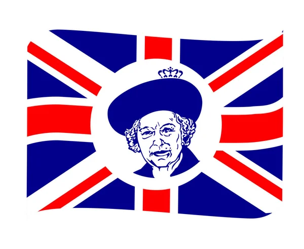 Königin Elizabeth Gesicht Portrait Blau Mit Britisch Vereinigtes Königreich Flaggenband — Stockvektor