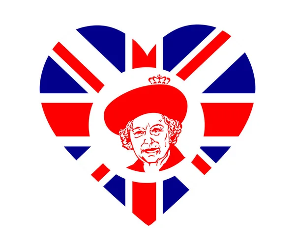 Queen Elizabeth Face Portrait Red British Zjednoczone Królestwo Flaga Heart — Wektor stockowy