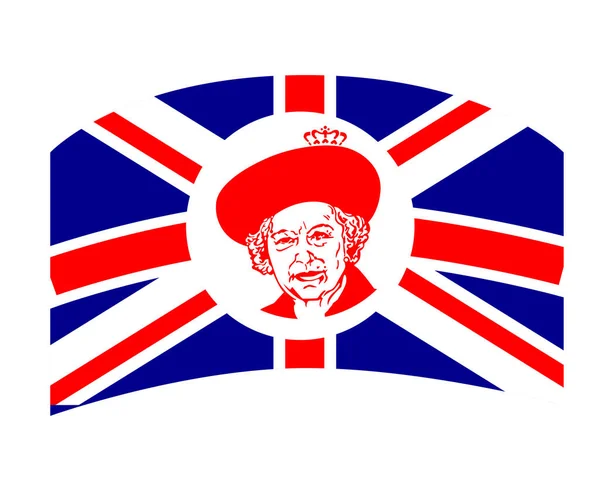 Queen Elizabeth Face Portrait Red British United Kingdom Flag Emblem — Stock Vector