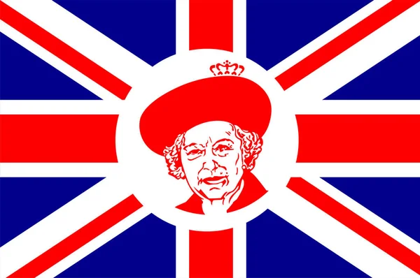 Queen Elizabeth Face Portrait Azul Con Bandera Británica Del Reino — Vector de stock