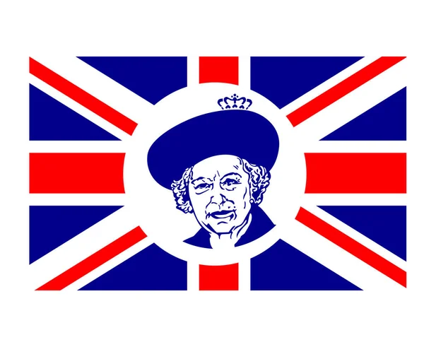 Queen Elizabeth Retrato Cara Azul Con Británico Reino Unido Emblema — Vector de stock