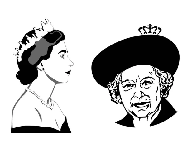 Queen Elizabeth Face Portrait Młody Stary Czarny Brytyjski Zjednoczone Królestwo — Wektor stockowy