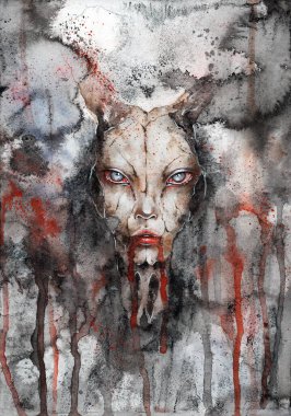 Wendigo, efsanevi canavar, kötü ruh. Geyik kafatası fantezi canavarı. Korkunç ölü folklor yaratığı, ölümün sembolü.