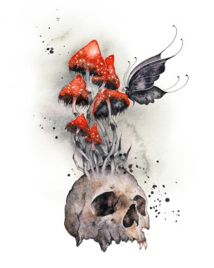 Human skull with poisonous fly agaric. Amanita red mushroom, symbol of death. Black butterfly. Red and black watercolor illustration. Halloween poster, wall art print clipart