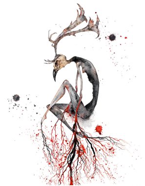 Wendigo, efsanevi canavar, kötü ruh. Geyik kafatası fantezi canavarı. Korkunç ölü folklor yaratığı, ölümün sembolü.