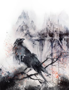 Black Raven in the rainy city. Scary gothic white and black watercolor illustration. Halloween poster, wall art print clipart
