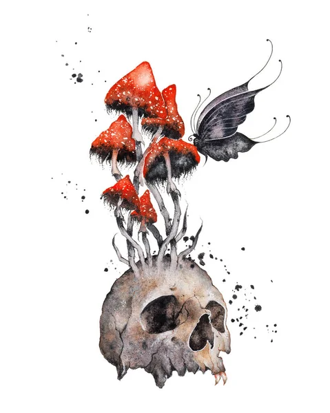 Cráneo humano con mosca venenosa agárica. Seta roja Amanita, símbolo de la muerte. Mariposa negra. Ilustración en acuarela roja y negra. Cartel de Halloween, impresión de arte de pared —  Fotos de Stock