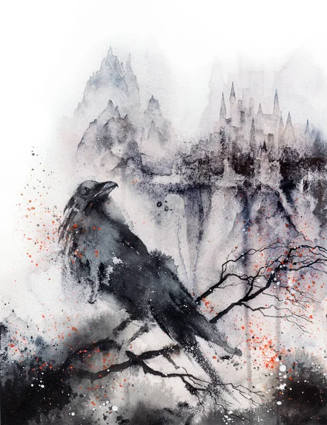 Black Raven in de regenachtige stad. Enge gotische witte en zwarte aquarel illustratie. Halloween poster, muur kunst print — Stockfoto