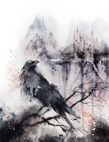Black Raven in the rainy city. Scary gothic white and black watercolor illustration. Black crow and castle. Halloween poster, wall art print. High-quality illustration