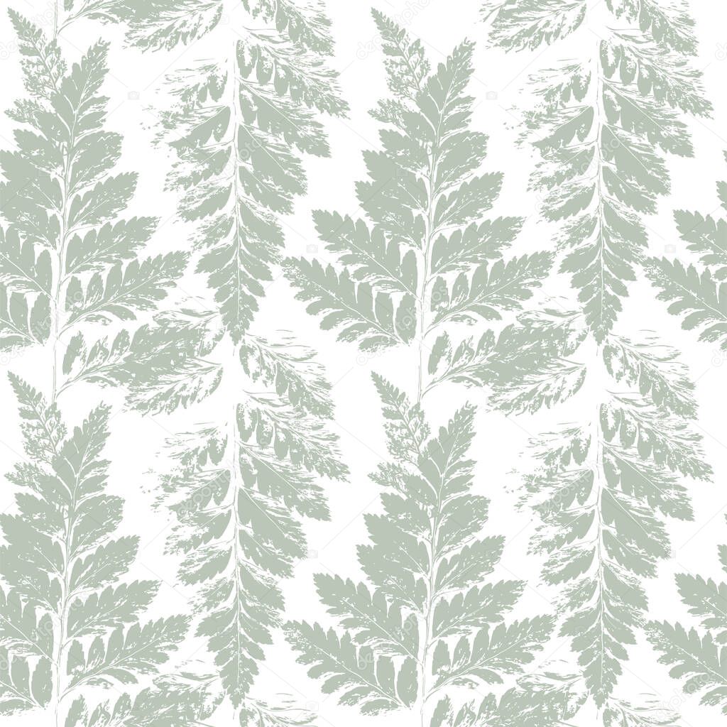 Sage green fern leaves, pale botanical seamless pattern Floral Natural background for packaging, textile print, scrapbooking paper