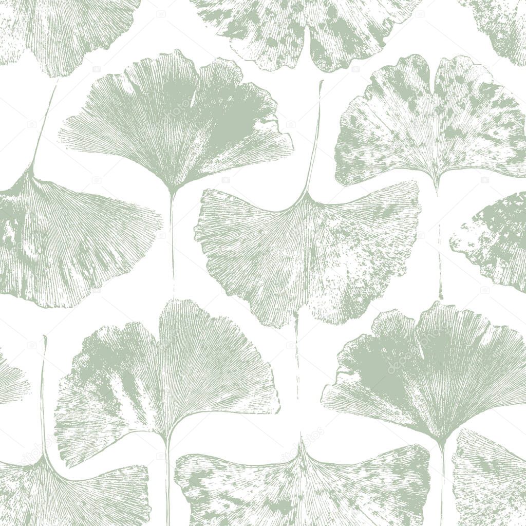Sage green ginkgo biloba leaves, pale botanical seamless pattern Floral Natural background for packaging, textile print, scrapbooking paper