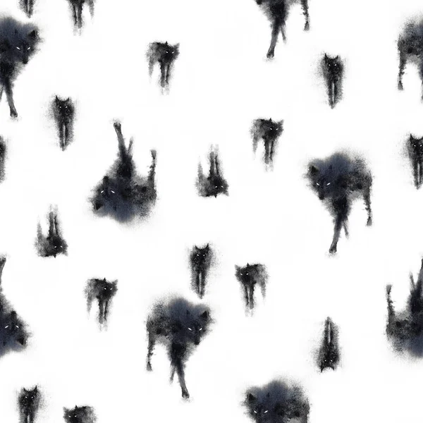 Black wolves on a white background watercolor seamless pattern. Gothic Halloween monochrome texture