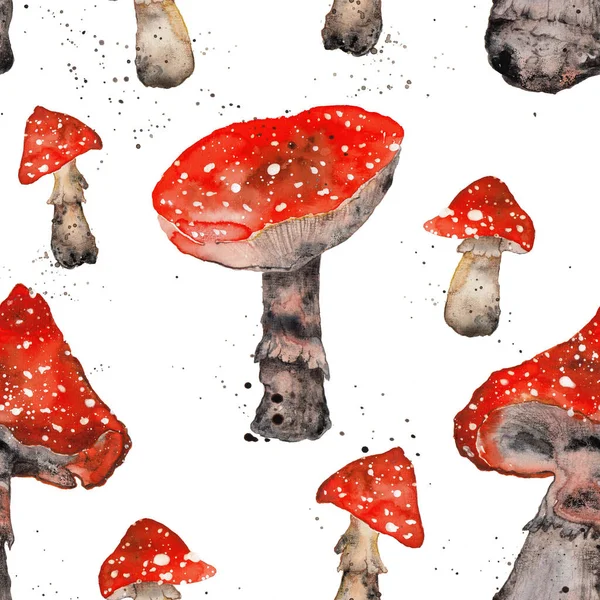 Флай агариновий червоний гриб безшовний візерунок з аквареллю — стокове фото