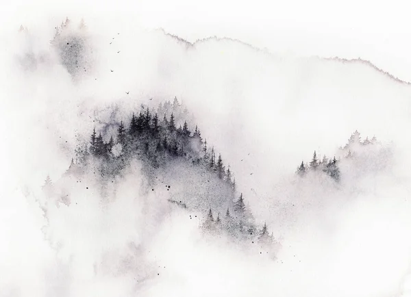 Misty bos aquarel muur kunst voor print. Etherisch bos in mist, mistige wilde natuur poster met pijnbomen. Achtergrond van de illustratie van de bosbouw. — Stockfoto
