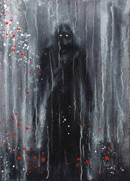 Black Shadow of the scary man. Art print and card. Horror Watercolor Painting, creepy man with glowing eyes. Gothic Home decor. Dark Fantasy creature