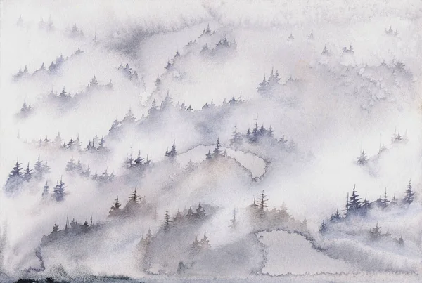 Ködös erdei akvarell falfesték művészet nyomtatáshoz. Ethereal erdő ködben, ködös vad természet plakát fenyőfákkal. Erdészeti illusztráció háttere. — Stock Fotó