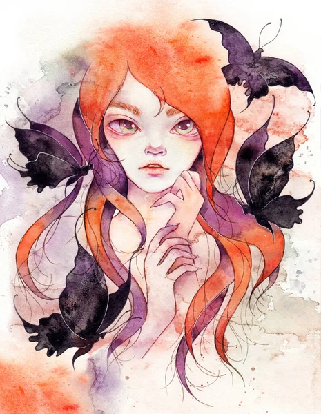 Menina de cabelo vermelho fada, belo elfo com borboletas pretas, conto de fadas fantasia. Retrato misterioso de duende mágico. Conceito de arte de caráter criativo — Fotografia de Stock