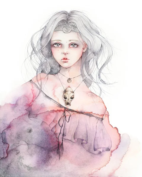 Üzüntü içindeki üzgün kızın pembe ve mor suluboya çizimi. Melankolik duygular, güzellik sanatı — Stok fotoğraf