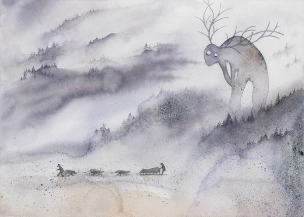 Dimmig skog akvarell väggkonst för tryck. Eterisk skogsmark i dimma, dimmig vild natur affisch med tallar. Bakgrund till illustrationen av skogsbruk. — Stockfoto