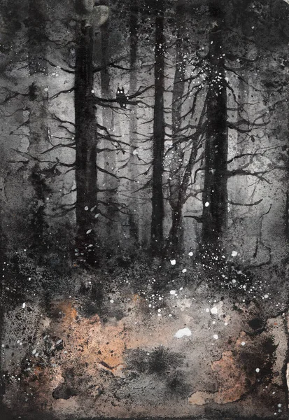 Scary black deep dark forest. Creepy horror watercolor art