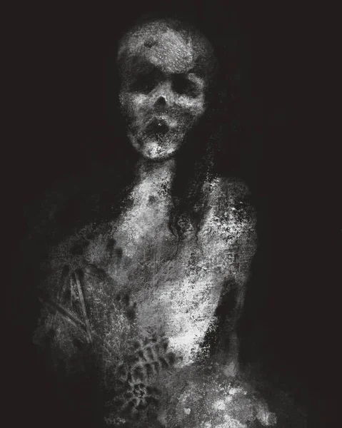 Τρομακτικό κρανίο γυναίκας, γοτθική ταπετσαρία τρόμου με τρομακτικό τέρας, αποκριάτικη τέχνη τοίχου. Ασπρόμαυρο φόντο — Φωτογραφία Αρχείου