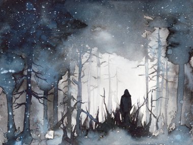 Karanlığın sonu, yeni umut, yeni yaşam konsepti sanatı. Depresyondan sonra yeniden doğuş, taciz, karanlık orman