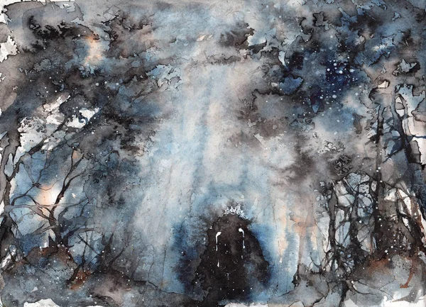 Scary black crying demon in the depression. Forest spirit in the dark woods. Creepy horror watercolor art — Stock Photo, Image