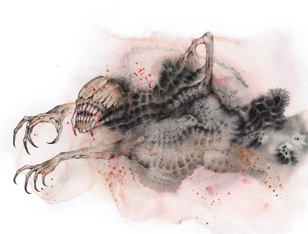 Gruseliges Monster, dunkle Fantasie mit kletternder dämonischer Kreatur. Horror-Aquarellkunst — Stockfoto