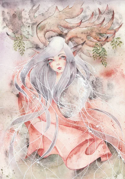 Fairy girl, beautiful elf with deer antlers, fantasy fairy tale. Mysterious magic elf portrait. Creative character art concept