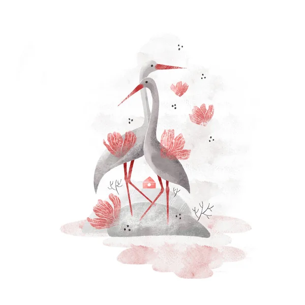 Hérons gris, oiseaux heureux, symbole de la famille heureuse, couple. Carte de voeux Saint Valentin, concept romantique pastel — Photo