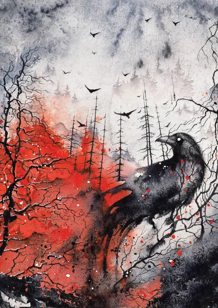 Cuervo negro sentado en un árbol cerca del bosque en llamas. Guarde el concepto de la naturaleza. Horror rojo y negro acuarela arte —  Fotos de Stock