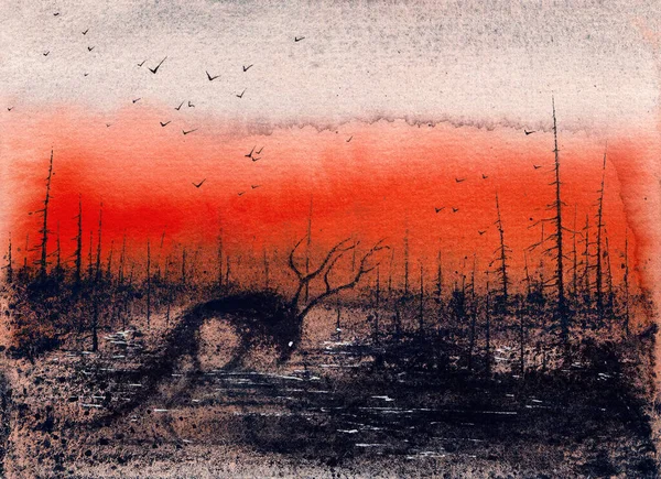 Scary black demon in the desolation. Devil in the dark woods. Creepy horror watercolor art