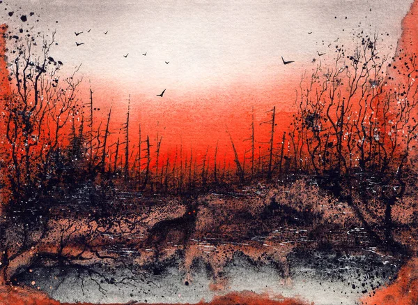 Gruseliger schwarzer Wolf im toten Wald. Dämon im dunklen Wald. Gruselige Horror-Aquarellkunst — Stockfoto