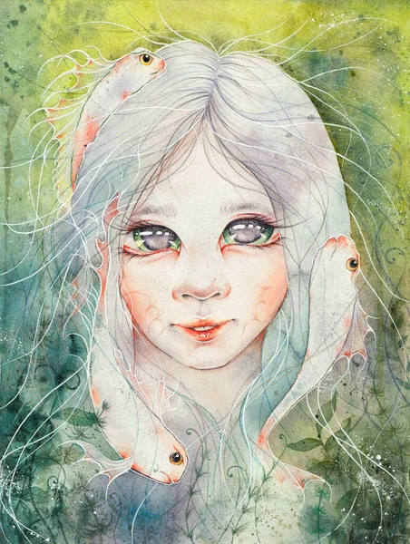 Bella sirena con pesce bianco, personaggio fantasy. Sirena di mare sorridente, Misterioso ritratto di ragazza magica. Concetto creativo di carattere artistico. — Foto Stock