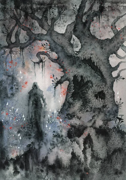 Scary shadow of the man in the misty rainy forest. Horror Watercolor Painting, creepy assassin. Gothic Dark Fantasy art, sacred forest creature — Stock Photo, Image