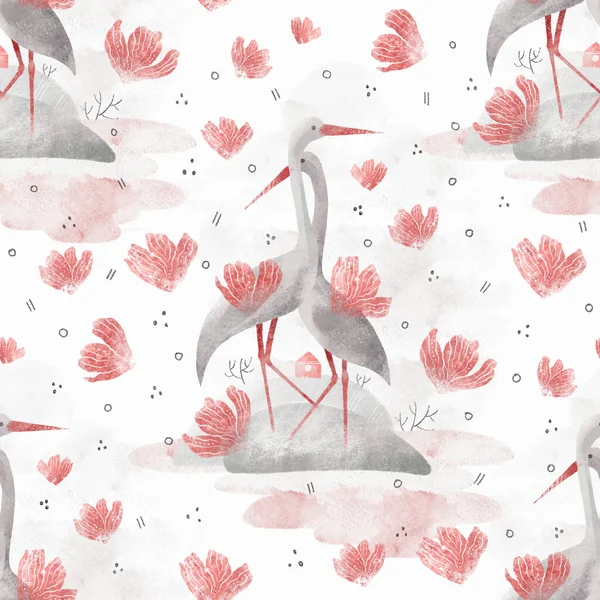 Šedé volavky, bezešvé vzory s ptáky, symbol šťastné rodiny, pár. Valentýn blahopřání, pastelové romantické pozadí pro balicí papír, blahopřání Design šablony. — Stock fotografie
