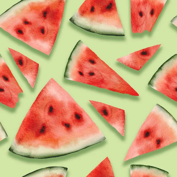 Vattenmelon sommar ljus sömlös mönster, akvarell realistisk saftig ljus frukt på grön bakgrund — Stockfoto