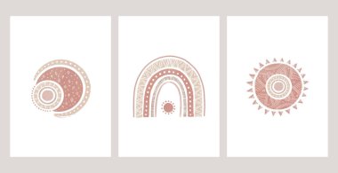 Boho Gökkuşağı, güneş ve ay. Bebek İskandinav duvar resimleri, çocuk odası modern dekorasyonu, poster tasarımı. Kartpostal veya broşür kapağı tasarımı için çağdaş sanat kompozisyonları