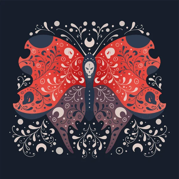 Mariposa mágica de noche violeta roja, ilustración adornada con insecto de fantasía para imprimir, textil, papel pintado, arte de la pared — Archivo Imágenes Vectoriales