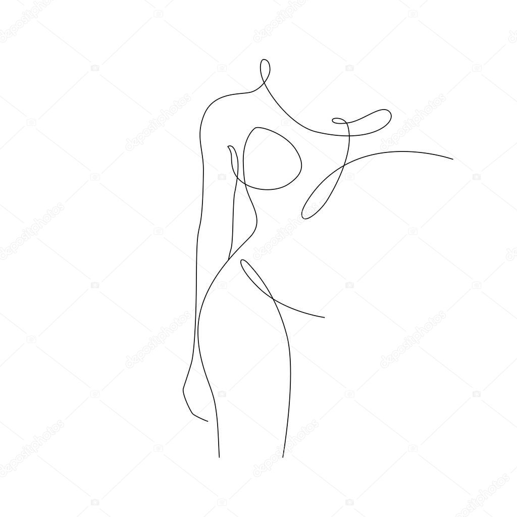 Elegant line art of erotic woman figure. Silhouette of a female in contemporary one-line style. Design element for cosmetics advertising, posters, wall art, and stickers. Vector illustration