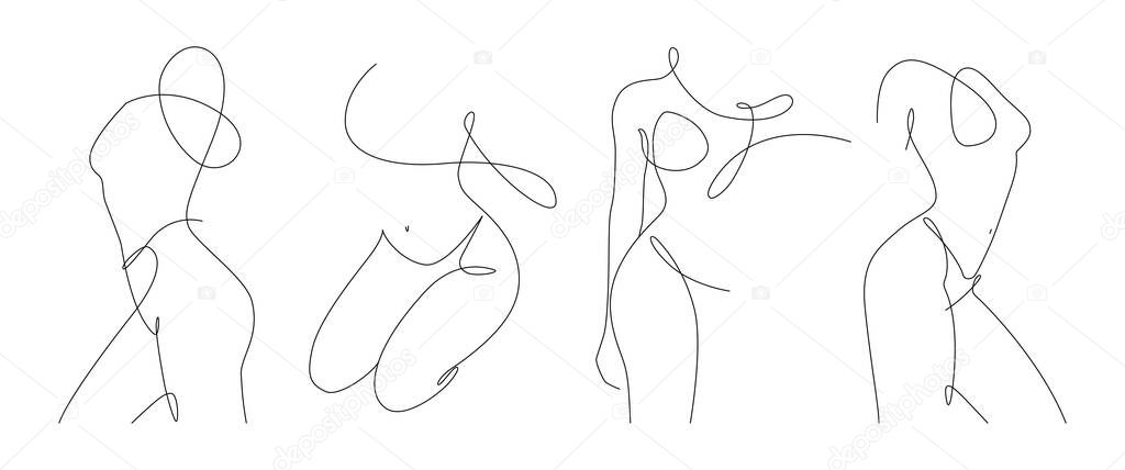 Elegant line art of erotic woman figure. Silhouette of a female in contemporary one-line style. Design element for cosmetics advertising, posters, wall art, and stickers. Vector illustration