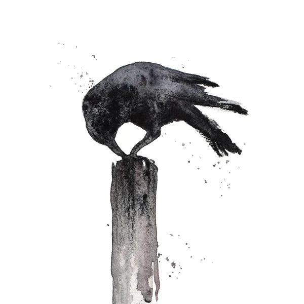 Svart korp isolerad på vit bakgrund. Kråka sitter på en trästolpe, gotisk svart och vit akvarell illustration. Fågelklipp konst, väggtryck — Stockfoto