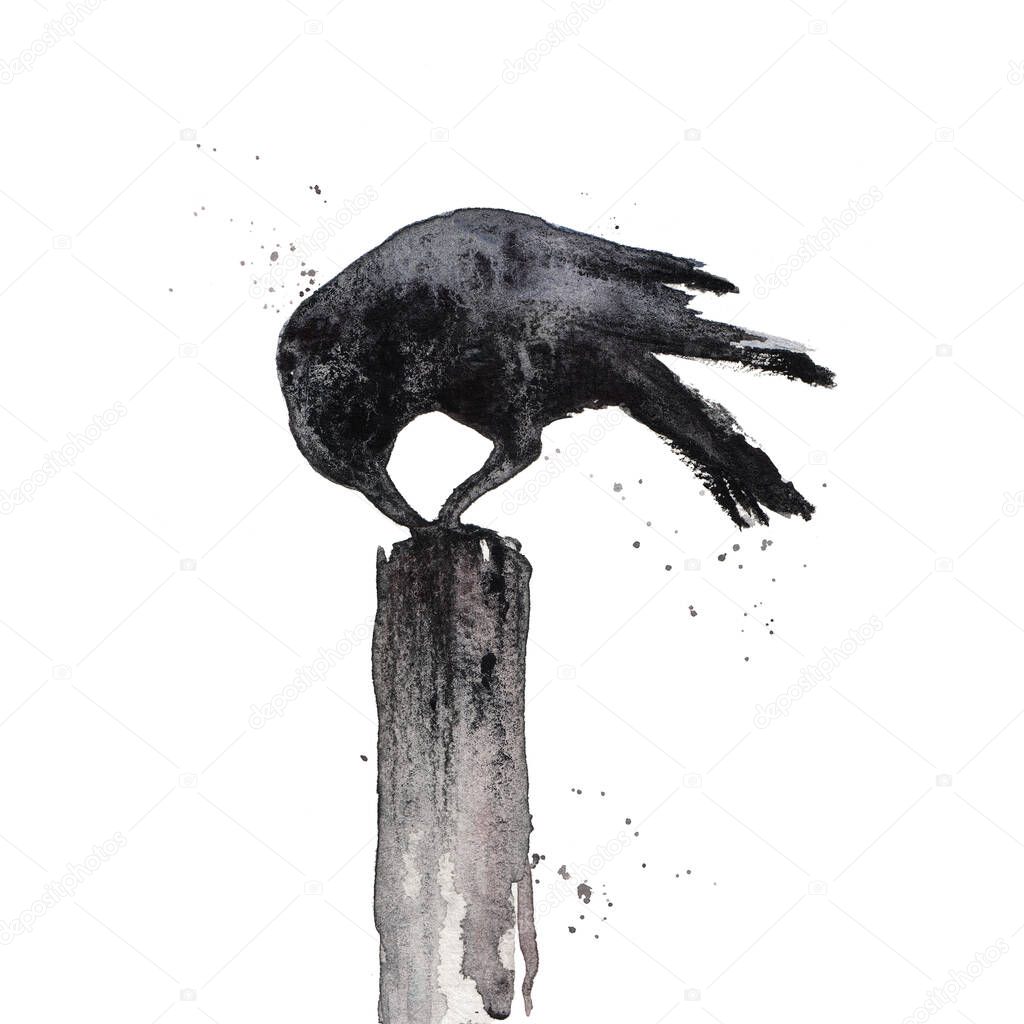 Black Raven isolated on white background. Crow sitting on a wooden pole, gothic black and white watercolor illustration. Bird clip art, wall art print